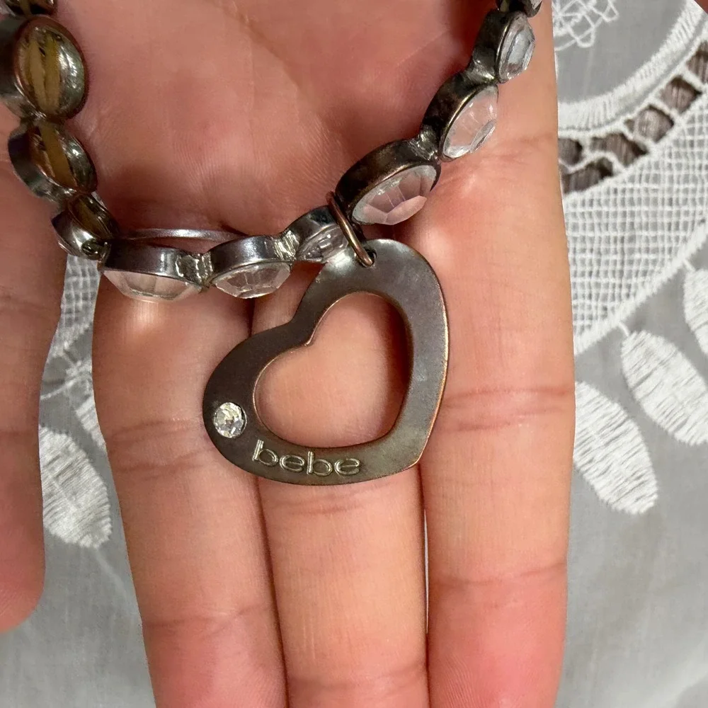 Y2K Mcbling Bebe Silver Tone Crystal Stretch Bracelet with Open Heart Charm Logo